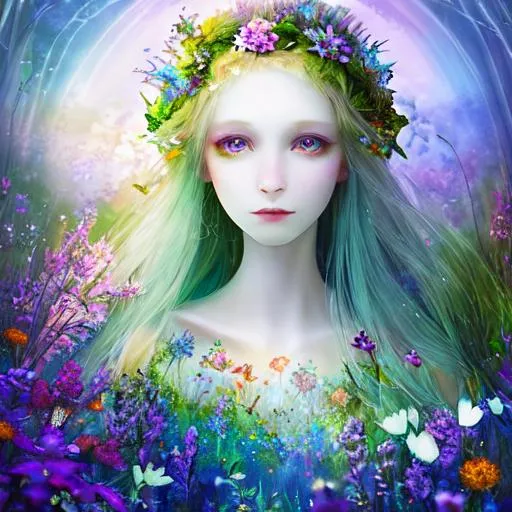 Prompt: fairy goddess, pale skin, ethereal,dreamscape, wildflowers, vivid colors,closeup