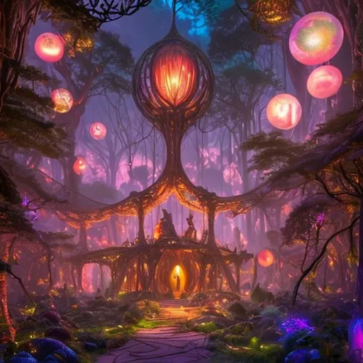 Prompt: A mystical expansive library in the forest. Giant, floating globes hang suspended in the air, pulsating vibrant colors. Majestic centaurs roam freely, their hooves lightly touching the ground.Surrounding you are trees that bear fruits of abundance and prosperity. expanse of crystalline structures, meticulously organized and architecturally masterful