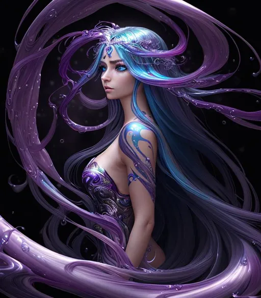 Prompt: Serene, Magical, Fantasy, Epic cinematic, Vivid, 3D HD Beautiful [{one}{Goddess}Female liquid satin, Beautiful big reflective eyes, long flowing hair, beautiful hands]::2, expansive liquid background, Tropical, freeform colorful ink chaos, hyper realistic, 8K --s98500