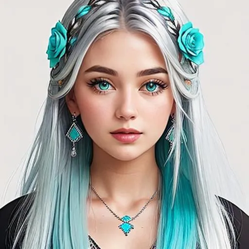 Prompt: Woman with thick silver hair,  flowers in hair, turquoise jewelry, color scheme