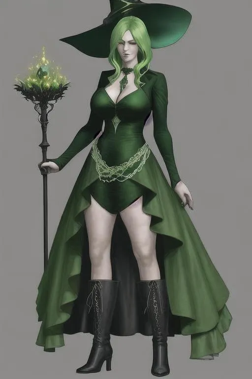 Prompt: Green hair witch standing with scythe, elegant dark dress and boots, heavy woman