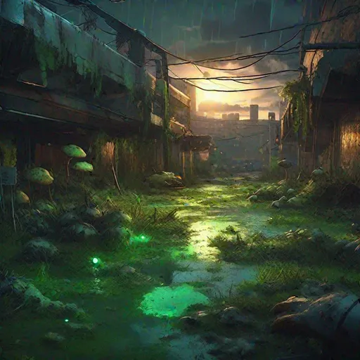 Prompt: post-apocalyptic cityscape, zoo, the last of us style, bioluminescent green mutated fungi spreading like an infection on the land, trending on Artstation, overgrown, raining, flooded streets, sinkholes, exposed underground, hypermaximalist, highly detailed, digital painting, golden hour, twilight, moonlight through clouds, light rays through clouds, light pillars, cinematic style, perfect composition, aspect ratio 3:2, full shot, dramatic lighting, reflections