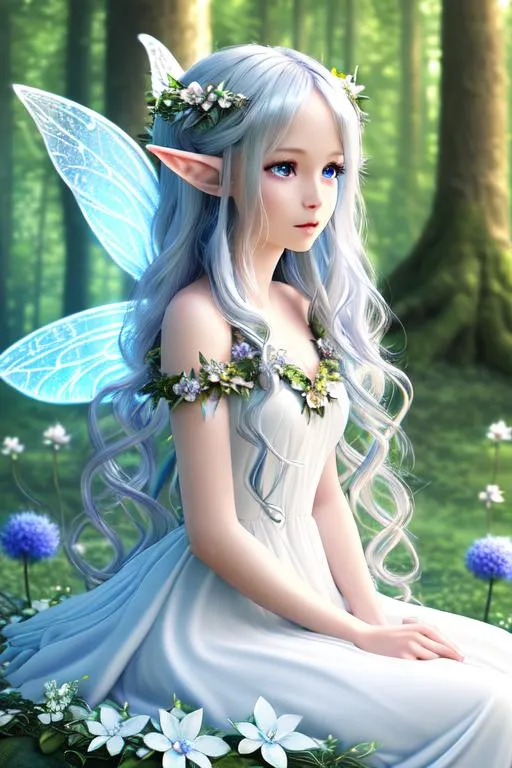 Prompt: Macro script quality, ultra realistic,HD, HQ, 4K, 8K, high details, full body shot, perfect face, fairy forest background, elves girl with big fairy wings, slim body, fluffy white dress, long wavy silver hair half closed eyes, sitting on a big blue flower, miracle, fantasy