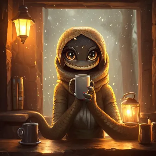 Prompt: A female anthro snake, different eyes, smiling, wearing a cozy fall outfit, drinking a warm cup of hot cocoa, sitting in tavern, rainstorm outside window, dim light, gas lamps, digital art, artstation, 8K