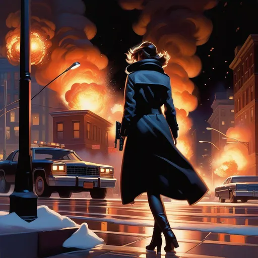 Prompt: Third person shooter, female protagonist, explosions, New York, cartoony, cold night atmosphere, extremely detailed painting by Greg Rutkowski and by Henry Justice Ford and by Steve Henderson