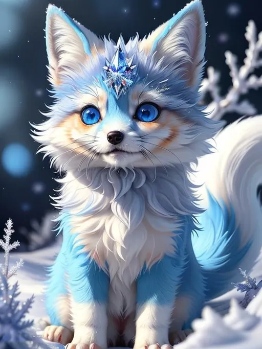 Prompt: (masterpiece, professional oil painting, epic digital art, best quality:1.5), insanely beautiful tiny ((fox kit)), (canine quadruped), ice elemental, silky silver-blue fur covered in frost, timid, ((insanely detailed alert crystal blue eyes, sharp focus eyes)), gorgeous 8k eyes, fluffy silver neck ruff covered in frost, two tails, (plump), fluffy chest, enchanted, magical, finely detailed fur, hyper detailed fur, (soft silky insanely detailed fur), presenting magical jewel, moonlight beaming through clouds, lying in frosted meadow, grassy field covered in frost, cool colors, professional, symmetric, golden ratio, unreal engine, depth, volumetric lighting, rich oil medium, (brilliant auroras), (ice storm), full body focus, beautifully detailed background, cinematic, 64K, UHD, intricate detail, high quality, high detail, masterpiece, intricate facial detail, high quality, detailed face, intricate quality, intricate eye detail, highly detailed, high resolution scan, intricate detailed, highly detailed face, very detailed, high resolution