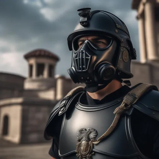 Prompt: A modern roman military male in black military armor galea helmet of roman armor, with a gunfire and gas mask, background military base, FULL BODY, Hyperrealistic, sharp focus, Professional, UHD, HDR, 8K, Render, electronic, nervous vibe, loud, tension, dark, Epic