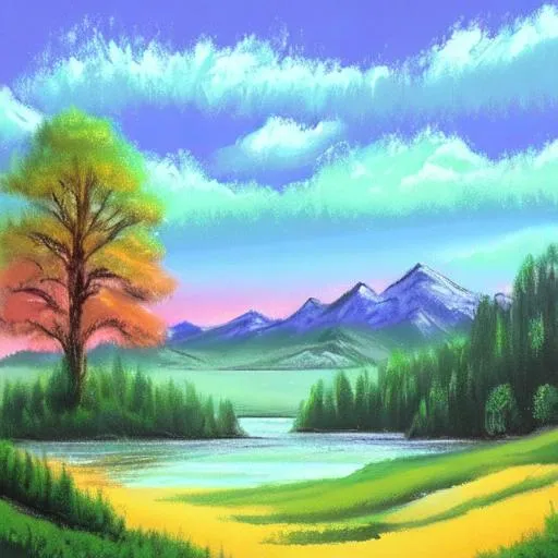 Prompt: Bob Ross landscape in pastel colors