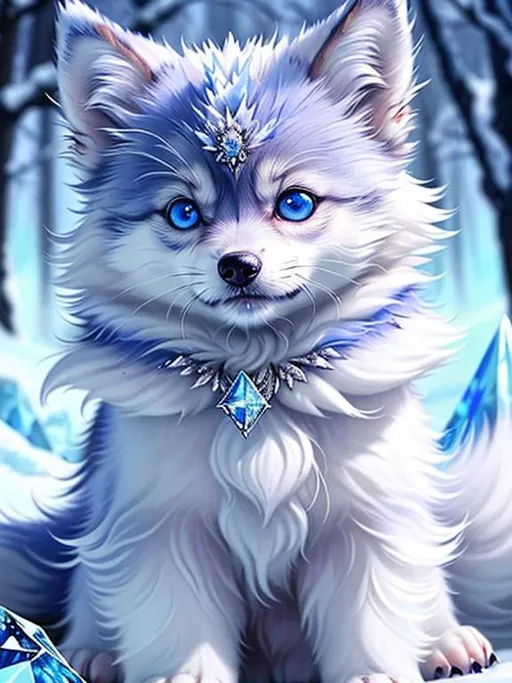 Prompt: (masterpiece, professional oil painting, epic digital art, best quality:1.5), insanely beautiful tiny ((wolf pup)), (canine quadruped), ice elemental, silky silver-blue fur covered in frost, timid, ((insanely detailed alert crystal blue eyes, sharp focus eyes)), gorgeous 8k eyes, fluffy silver neck ruff covered in frost, two tails, (plump), fluffy chest, enchanted, magical, finely detailed fur, hyper detailed fur, (soft silky insanely detailed fur), presenting magical jewel, moonlight beaming through clouds, lying in frosted meadow, grassy field covered in frost, cool colors, professional, symmetric, golden ratio, unreal engine, depth, volumetric lighting, rich oil medium, (brilliant auroras), (ice storm), full body focus, beautifully detailed background, cinematic, 64K, UHD, intricate detail, high quality, high detail, masterpiece, intricate facial detail, high quality, detailed face, intricate quality, intricate eye detail, highly detailed, high resolution scan, intricate detailed, highly detailed face, very detailed, high resolution