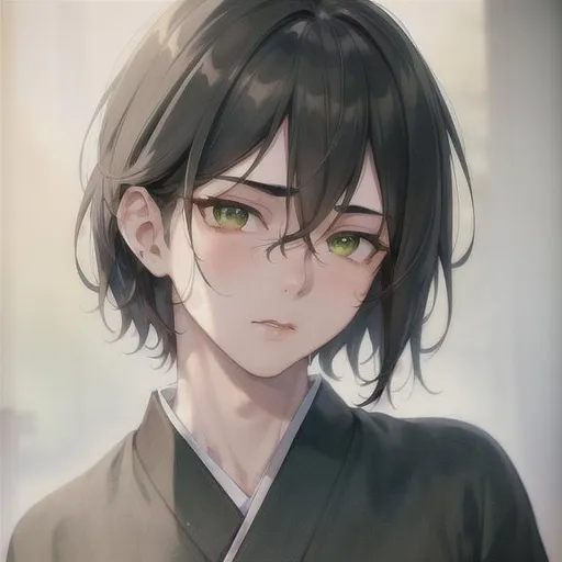 Dark anime depiction of a young woman with short black curly hair and green  eyes with glasses and collar, highly detailed, beautiful, sensual