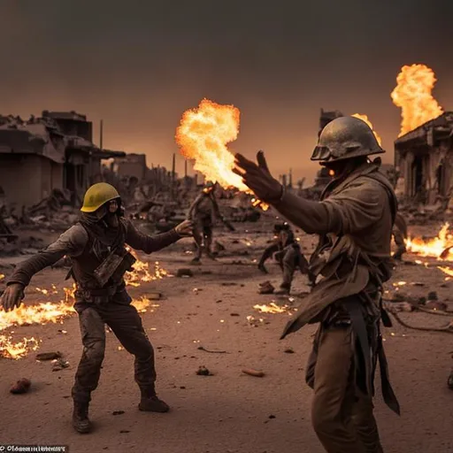Prompt: Desert : A full blown fight between two set of people each set carries 7  with fire and bomb blast with cars in fire. The place look like an war war zone , 12 dead, one unconscious, In the middle of the war zone a man lost his hand the place of the hand covered with blood  The ring in finger 'S'. Story begins!