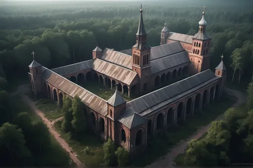 Prompt: Fantasy Illustration ofRuins of a huge russian cloister including a yard a church and several buildings, surrounded by forest, dark and eerie, entire structure, birdview, immersive world-building, high quality, detailed, epic scale, rpg-fantasy, game style, ghostly atmosphere, nightfall