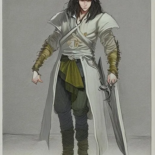 Prompt: A male demigod with medium long hair and baggy pants. He has a sword in his right hand and a lamp in his right hand.