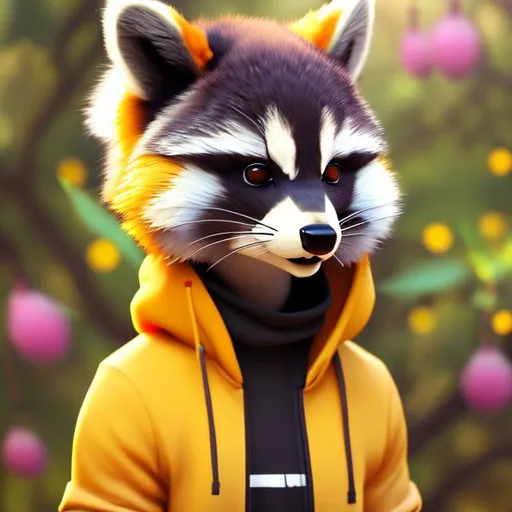 Prompt: furry male racoon, fushia and yellow, cute pose, anthropomorphic, HD, full body, wear hoodie