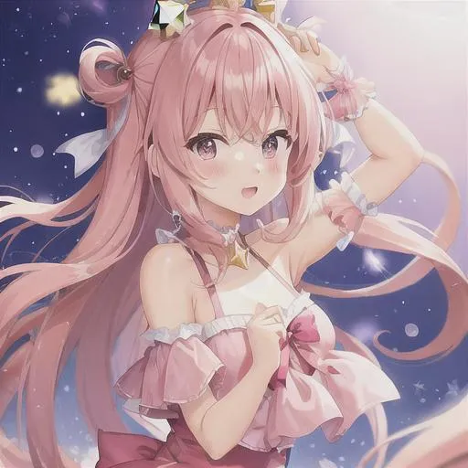 Prompt: anime girl holding a star, pink background, cute, star has a cute face