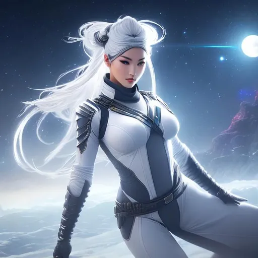 Prompt: create photograph of beautiful female ninja who is wearing bright white futuristic ninja robes,  night time and beautiful sky  space and planets an nebulae in sky highly detailed, detailed face, extremely detailed environment, extremely detailed background, extremely detailed skin, extremely detailed clothing, natural colors , professionally color graded, photorealism, 8k, realistic, moody lighting, galactic environment, volumetric lighting