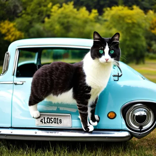 Prompt: cute cat , old car