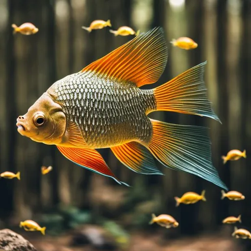 Prompt:  high detail photography style dull gold fish in forest color
