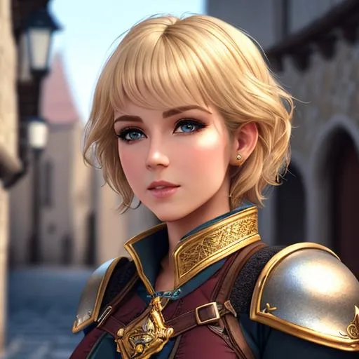 Prompt: D&d Human female bard, short blonde hair, medieval city, Highly Detailed, Hyperrealistic, sharp focus, Professional, UHD, HDR, 8K, Render, HD, Trending on ArtStation, Canon, 24mm