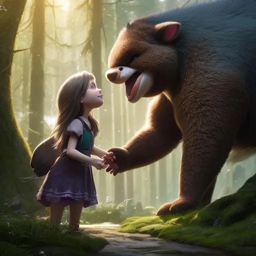 Prompt: Illustrate Lily, a 6-year-old brown short over the sholder haired girl, extending her hand in friendship to a sad forest creature. Make the scene heartwarming, emphasizing the transformation of the creature's expression from sadness to joy.
highly Detailed, 2d art. 2d., 8k octane beautifully detailed render, post - processing, extremely hyper - detailed, hyperrealistic, super detailed, intricate, epic composition, cinematic lighting, masterpiece, intricate, detailed, volumetric lighting, masterpiece,perfect composition, hyperrealistic, vivd colours, super detailed, 8k, high quality, trending art, trending on artstation, sharp focus, studio photo, intricate details, highly detailed, by greg rutkowski