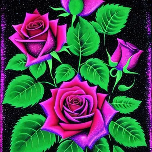 Prompt: rose garden in a black light poster style
