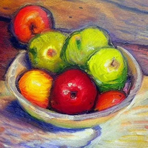 Prompt: impressionistic style bowl of tabletop bowl of fruit
