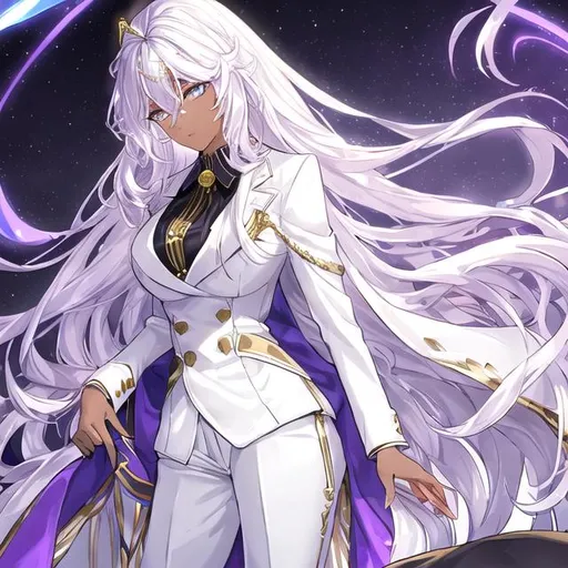 Prompt: A girl with brown skin, long, beautiful, luscious white hair with pale blue highlights, golden eyes, a purple and diamond blue long blazer, a white button up shirt, black suit pants and black, studded boots. She has an amethyst diadem on her head.