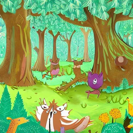Prompt: a forest kingdom in children's book illustration style