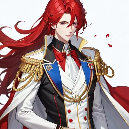 Prompt: Zerif 1male (Red side-swept hair covering his right eye) wearing a royal suit, white cape, 