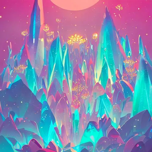 Prompt: shimmering crystal city made of diamond and rose quartz with gold decoration, sparkling in the sunlight, surrounded by flowers. trending on artstation, by anton fadeev.