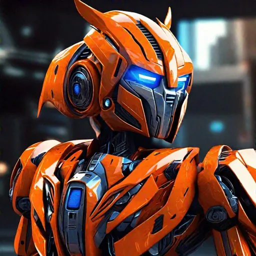 Prompt: Orange sleek autobot with blue eyes