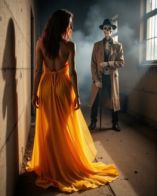 Prompt: High fashion photography, beautiful woman with flowing yellow gown creeping in abandoned warehouse, skeleton in trench coat and fedora holding an umbrella background, dust covered floor, smoke filled room, old colors, golden ratio composition, lit by soft, warm light from the left. Dramatic chiaroscuro emphasizes the figure's form, with a smoky background fading into darkness. The muted tones and deep shadows create a timeless, atmospheric mood, ultra-fine details Canon 5d mark ii, 50mm lens, f/5.6, ISO 100, Kodachrome