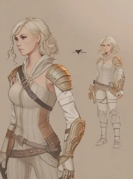 Prompt: digital art, 27-year-old modest Young woman viking, blonde hair, black pants, Quite well-built and lean muscled, black pants, assassin's creed odyssey armor, orange armor, orange gear, Green-gold eyes, very short curly blonde hair, full body, full armor, unreal engine 8k octane, 3d lighting
