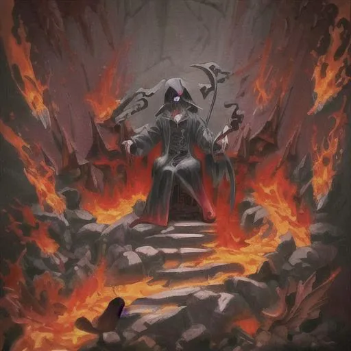 anime grim reaper on fire in chamber throne dungeon