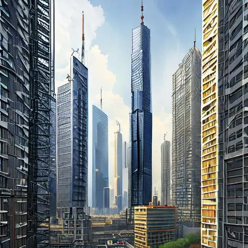 Prompt: A heavily detailed pixel skyscraper, in construction, scaffolding, cranes
