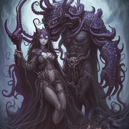 Prompt: lovecraftian demon queen and king behemoth