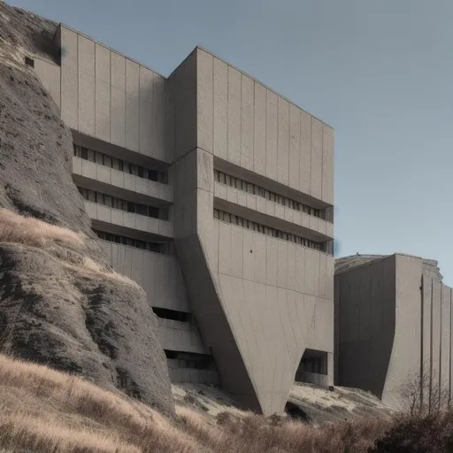 Prompt: a research facility carved into the side of a mountain, brutalist architecture