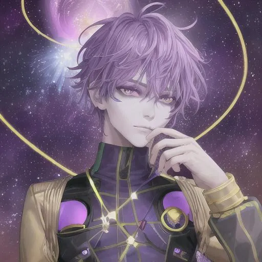 Prompt: A high quality alien man with purple skin and purple hair and yellow eyes, wears a uniform, surrounded by stars, a golden string dances around him, science fiction, beautiful, colorful, handsome, photorealistic face