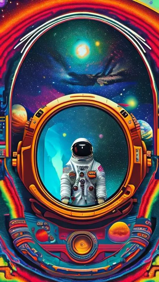 Prompt: an astronaut helmet in front of a mirror, duality, space time, infinite loop, andes landscape, andean motives, inca style, infinite mirror, loop, trippy, inception