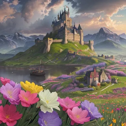 Prompt: A beautiful scene in spring colors, multicolored flowers, colorful flowers, mountains faraway, castle faraway, dark sky. Above the scene a dutch sky, hyperrealism 8k resolution, hyperdetailed, intricately detailed matte 