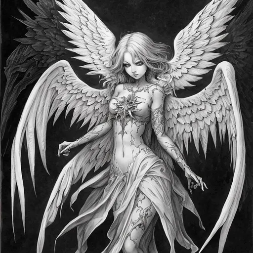Prompt: a gothic seraph in flight drawn in the style of an angel from the plane of innistrad