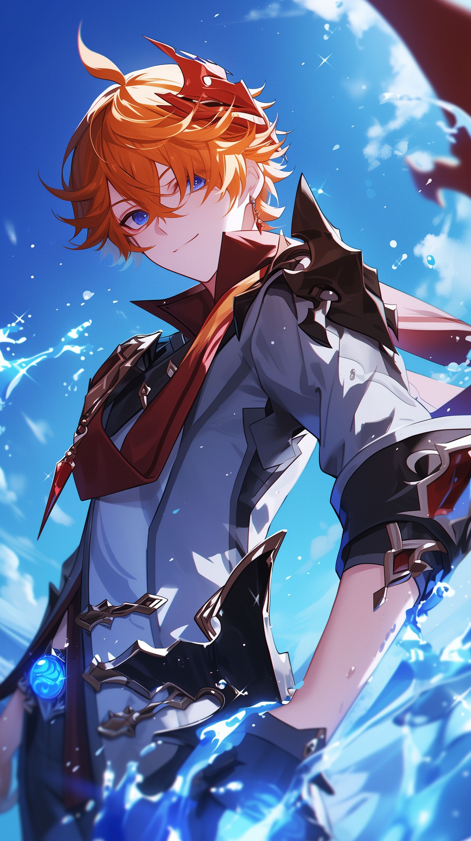 Prompt: Tartaglia from Genshin Impact, Short messy ginger hair with Ahoge that falls between the eyes, dark blue eyes, red diamond earing on right side, japanese vintage print style, dynamic pose, dynamic ocean background --ar 9:16 --niji 6