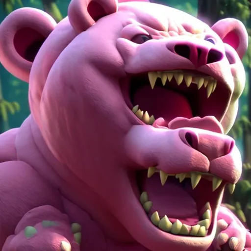 Prompt: Pink Bear, Wild, Foaming at Mouth, Roar, Demon Rage Mode Anger, Prophecy of Revelation, Anger Point, Max Attack Stat