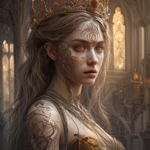 Prompt: create a photograph of beautiful fictional female with crown, extremely detailed environment, detailed background, intricate, detailed skin, natural colors , professionally color graded, photorealism, 8k, moody lighting