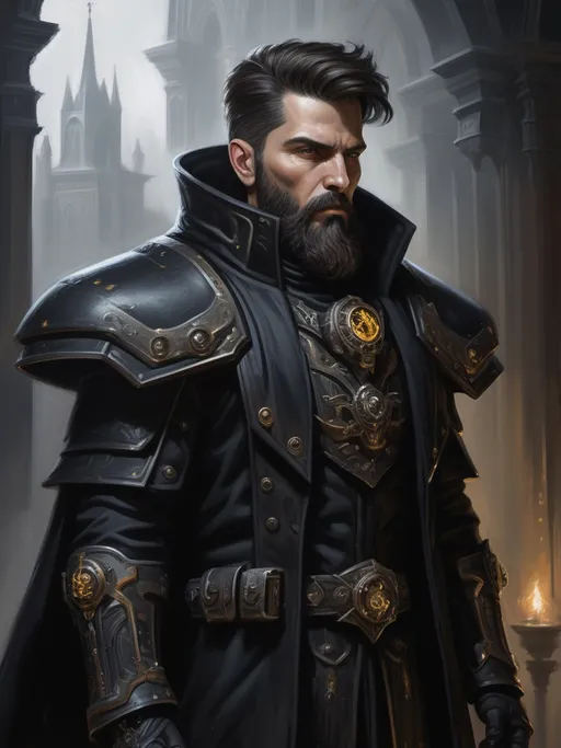 Prompt: full-body oil painting of a male Warhammer 40k sanctioned psyker, (short thick brown hair), (styled full brown beard), worry lines, (brown eyes), oil painting, impressionist brushwork, intense gaze, wh40k, dark black clothing, painterly, painted, dark black gunmetal hi-tech psyker light armor, dark black gunmetal 40k psyker hi-tech gear, ((psyker)), Caucasian, (up-lit uplit underlit under-lit face), epic confident standing pose, black duster, {black caped greatcoat}, black gaiters, black heavy-sole boots, black gloves, matte black psyker hi-tech (breastplate chest-plate), matte black psyker hi-tech epaulets, highly detailed background, 40k imperium of man high gothic architecture background, warhammer 40k, highly detailed facial features, soft art style, soft highlights, soft shadows, 