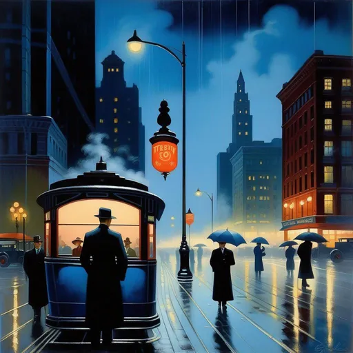 Prompt: 1930s, Chicago at night, creepy, rain, fog, cold blue atmosphere, cartoony style, extremely detailed painting by Greg Rutkowski and by Henry Justice Ford and by Steve Henderson 

