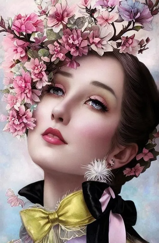 Prompt: Woman wearing light blue silk top hat.  Pink blossoms on light blue silk top hat. Gorgeous glowing beautiful charming cute, kind ghost woman portrait by Anna dittmann, gil elvgren , artgerm, catrin welz-stein, tom bagshaw, Viktoria Gavrilenko. Best quality 