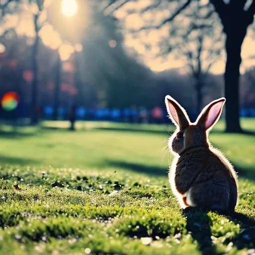 Prompt: Medium Shot, Colour Splash,Bunny, Sun, In The Park, EF 70mm Canon