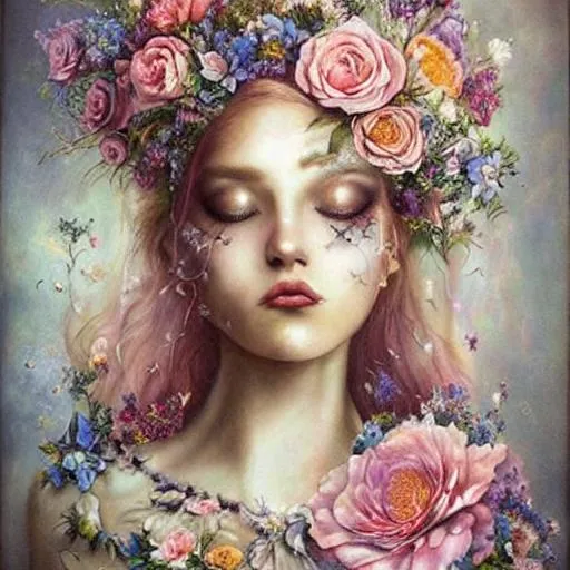 Prompt: realistic painted still life beautiful flowers by ambrosius bosschaet!!!!!, nicoletta ceccoli, daniel merriam art, jennifer healey art, fantasy art, renaissance gown, hyper realistic flower bouquet painting,  soft shadows, stunning, dreamy, elegant, perfect face, sparkles, Beautiful goddess, Haute Couture, princess dress, joseph karl steiler art, muted colors, fairy wings, bubblesfloating in the sky, iridescent water drops, crystal chandelier drops, glitter sparkles, steampunk symmetrical face, daniel merriam art, steampunk, cracked clock pieces floating in sky, iridescent water drops, crystal chandelier drops, glitter sparkles, symmetrical steampunk, muted colors, fairy wings, architecture illustrations 1800s, garden of roses and peonies background, ultra detailed, soft lighting, infinite depth, incredibly detailed, ultra realistic, high index of refraction, hyper realistic elegant smooth sharp clear edges, wide angle perspective, ultra realistic, sense of high spirits, volumetric lighting, occlusion, Unreal Engine 5 128K UHD Octane, fractal, pi, fBm