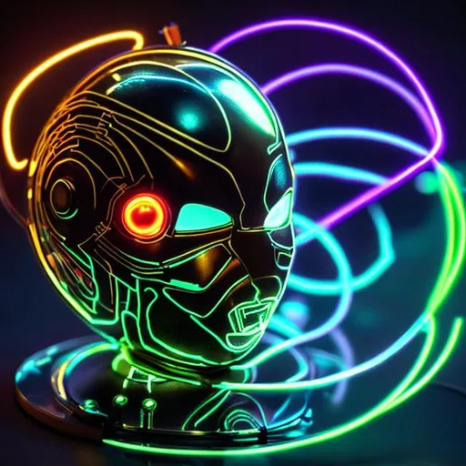 Prompt: A metallic atom made of metallic spheres glowing in the dark, with neon colors